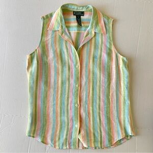 Lauren Ralph Lauren Pastel Striped Sleeveless Shirt 100% Linen